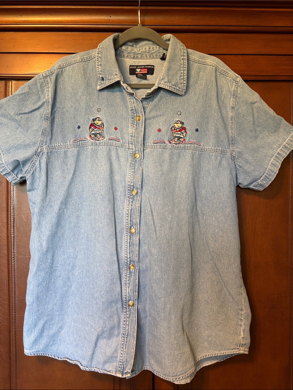Vintage Y2K Quizz Jeans Woman Denim Shirt Bears Embroidered Chambray Sz 18 XL 1X